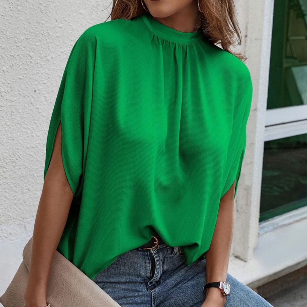 Green Blouse Top Flowy, High Neck - Picture 2 of 9